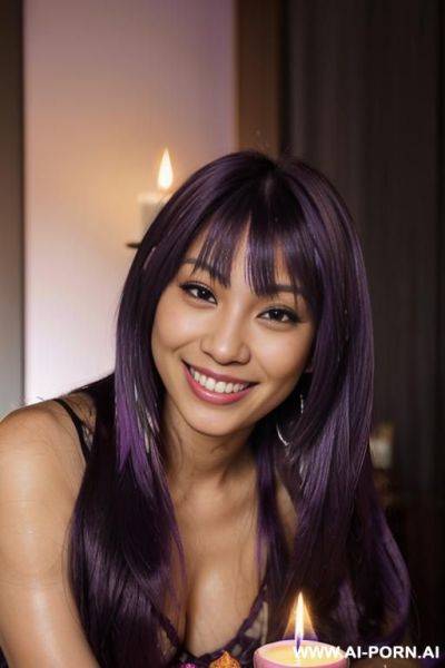 Elaborate flowing purple hair with black highlights, milf glamor, bend down, - ai-porn.ai on pornsimulated.com