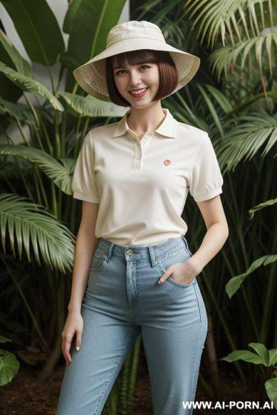 Gorgeous woman wearing a red polo shirt, she is wearing white jeans, standing in a jungle, (thick pubic hair:1.2), she is wearing a (white bucket hat) - ai-porn.ai on pornsimulated.com