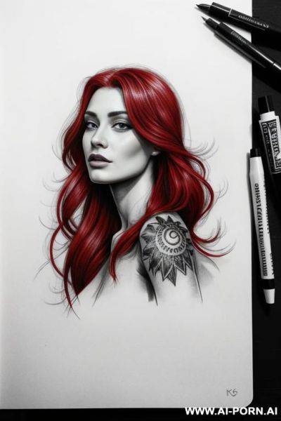 Scandinavian mythology, rior woman, red hair, tattoo sketch, sketch for realistic arm tattoo, black and white style - ai-porn.ai on pornsimulated.com