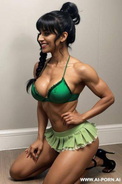 Indian, fit, abs, bangs, muscles, navel piercing, green bra, green frilly skirt, tall, looking at camera, full body, stiletto, open mouth, on all fours, side view - ai-porn.ai - India on pornsimulated.com