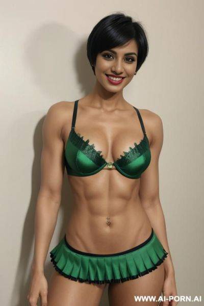 Indian, fit, abs, muscles, navel piercing, green bra, green frilly skirt, tall, looking at camera, full body, stiletto - ai-porn.ai - India on pornsimulated.com