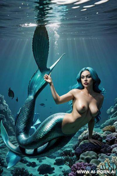 Very beautiful mermaid (half woman half fish) (large fish tail instead of legs), large graceful fish tail, perfect beautiful face, very long hair, big sexy eyes (large eye shape), beautiful curvy - ai-porn.ai on pornsimulated.com