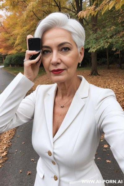 Autumn weather outside middle-aged lady making selfies white hair - ai-porn.ai on pornsimulated.com