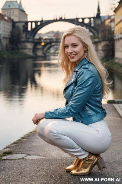 Beautiful woman, czech, blonde, medium hight, mid 20s, long hair, natural boobs, natural big ass, old czech city and river in background, light blue leather jacket, white leather pants, snow on ground - ai-porn.ai - Czech Republic on pornsimulated.com