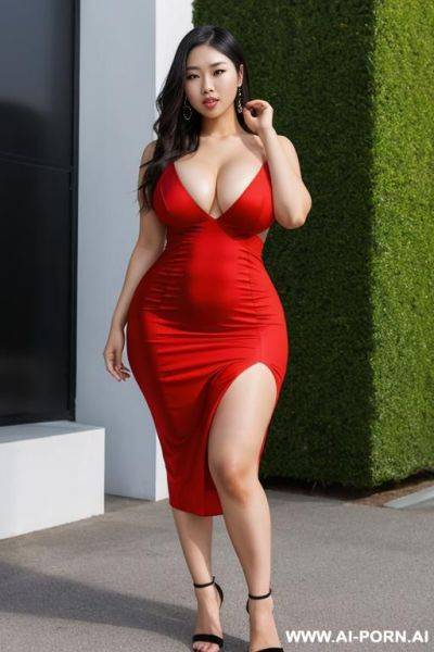 Asian woman, ((detailed face)), wearing a dress, bust, (massive hips), posing outside - ai-porn.ai on pornsimulated.com