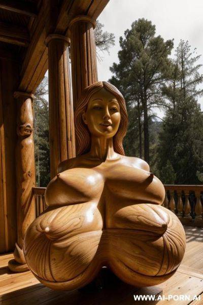 Extremely rough wooden of nude statue, ornate artwork, pine wood, (((((enormous oversized gigantic saggy breasts))))), totally nude, entirely naked, topless, braless, exposed breasts, visible pussy, full body view, thick, broad shoulders, - ai-porn.ai on pornsimulated.com