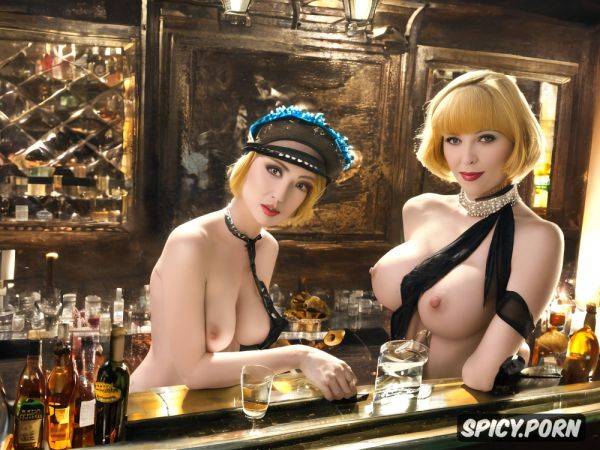 Elegant, looking horny heavy natural boobs, next to a bar in a speakeasy - spicy.porn on pornsimulated.com