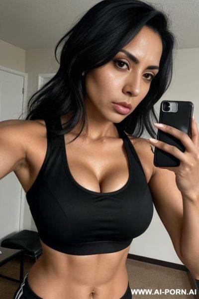 30 year old hispanic woman, breasts, messy black hair, sports bra, selfie, serious face - ai-porn.ai on pornsimulated.com