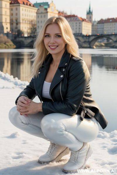 Beautiful woman, czech, blonde, medium hight, mid 20s, long hair, natural boobs, natural big ass, old czech city and river in background, light blue leather jacket, white leather pants, snow on ground - ai-porn.ai - Czech Republic on pornsimulated.com