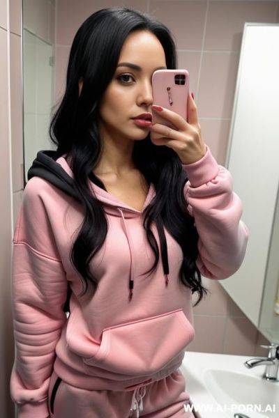 Woman long hair pink tracksuits short sweatshirt with a hood pink selfie photo in the mirror bathroom - ai-porn.ai on pornsimulated.com