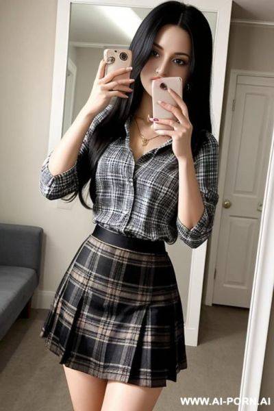 Woman long hair short plaid skirt tight blouse selfie photo in the mirror - ai-porn.ai on pornsimulated.com