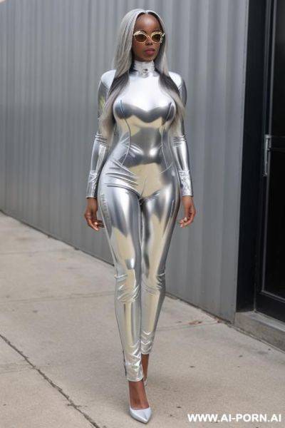 African-american, long silver hair, silver pvc catsuit - ai-porn.ai - Usa on pornsimulated.com