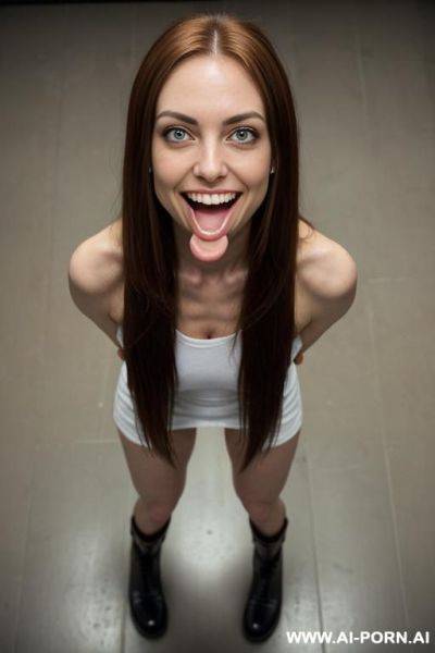 Natural white woman. long hair, excited loud laugh, ((looking up)), ((very big distant eyes with eyebags)), ((extra wide mouth, wide smile)), ((((wide smiling with opening mouth,)))), ((short extra - ai-porn.ai on pornsimulated.com