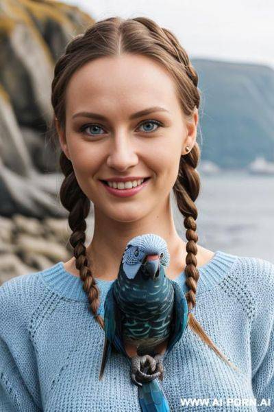 Eye contact norway coast patterned sweater holding a blue parrot - ai-porn.ai on pornsimulated.com