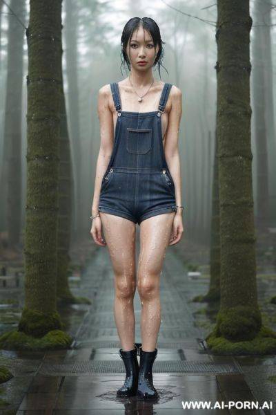 ((scared wet japan woman), ((naked)), ((overalls)), ((wet hair)), (hair ribbon), ((looking at the camera)), ((eyes contact)), full body view, (pussy visible), (hairy pussy), (boobs visible), ((no - ai-porn.ai - Japan on pornsimulated.com