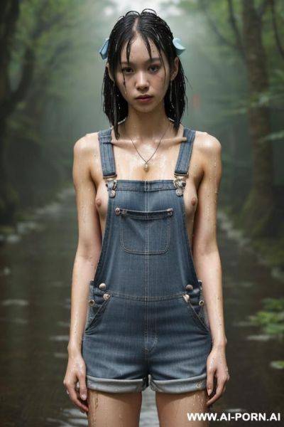 ((scared wet japan woman), ((naked)), ((ripped overalls)), ((wet hair)), (hair ribbon), ((looking at the camera)), ((eyes contact)), full body view, (pussy visible), (hairy pussy), (boobs visible), ((no - ai-porn.ai - Japan on pornsimulated.com