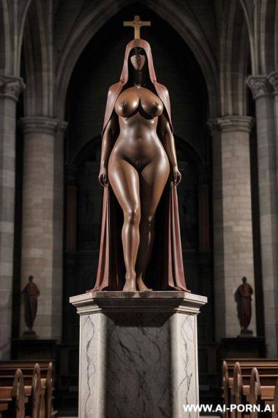 Dark red rough stone of nude statue, at pulpit of church, giant on top of pedestal, (((gigantic saggy massive oversized enormous tits))), simple stone art, busy church in background, solid veil, faceless, totally nude, entirely naked, - ai-porn.ai on pornsimulated.com