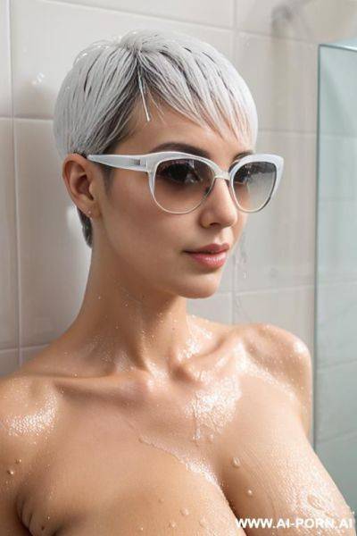 On the shower mommy beauty face italian headshot sexy posture rests her head on the wall and the shower head rest wets your oversized tits against glass, wet pixie haircut, muscle fit , wet deep microbikini transparent white sunglasses vintage ,wet skin - ai-porn.ai - Italy on pornsimulated.com