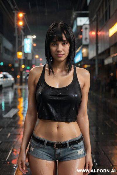 Cyberpunk city, (rain), (wet), topless, medium hair, short shorts, tank top - ai-porn.ai on pornsimulated.com