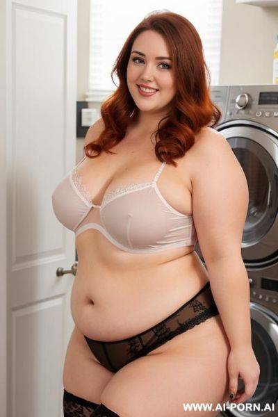 Half body photo shot, in the laundry room, washing their clothes, very chubby fat bbw, very thick, with some lovehandless and big tummy, wearing a sexy and hot lace stocking lingeries, she is the most beautiful mom - ai-porn.ai on pornsimulated.com