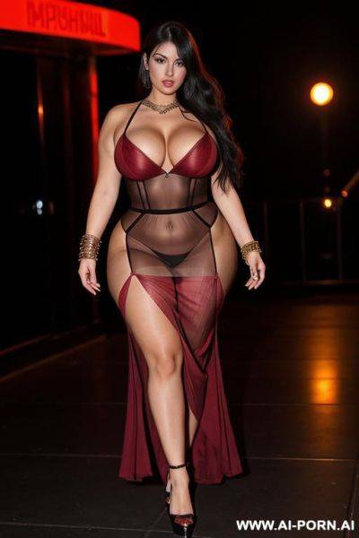 Voluptuous woman walking in the night club, transparent red silk dress, long skirt, smoke in the club, hip chain, (( spiral bracelet)), super giant boobs, - ai-porn.ai on pornsimulated.com