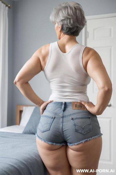 Back view, 0-year-old grandmother, full body, standing, lady, short gray hair, clearly visible age marks, triangular hips, thick thighs, wearing blue denim shorts and a white tank top, double bedroom - ai-porn.ai on pornsimulated.com