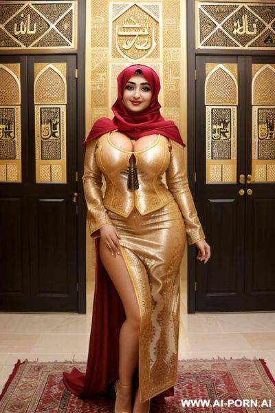 Smiling curvy russian busty with huge boobs wearing hijab fully naked standing - ai-porn.ai - Russia on pornsimulated.com