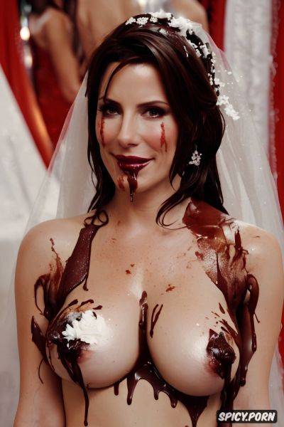 Smeared chocolate, chocolate syrup all over, sandra bullock wearing wedding dress with chocolate syrup smeared on thighs - spicy.porn on pornsimulated.com