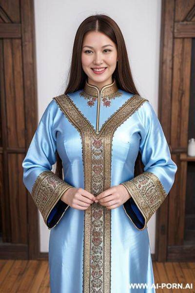 Scandinavian, (cheap humble simple central asian silk medieval dress), wide legs - ai-porn.ai on pornsimulated.com