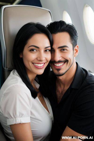 A man in a plane smiling for the camera, smile, shirt, black hair, teeth, grin, facial hair, watch, wristwatch, masterbation - ai-porn.ai on pornsimulated.com