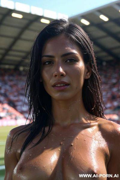 Soccer stadium, (topless), argentinan soccer short, wet skin, crowd of people - ai-porn.ai on pornsimulated.com