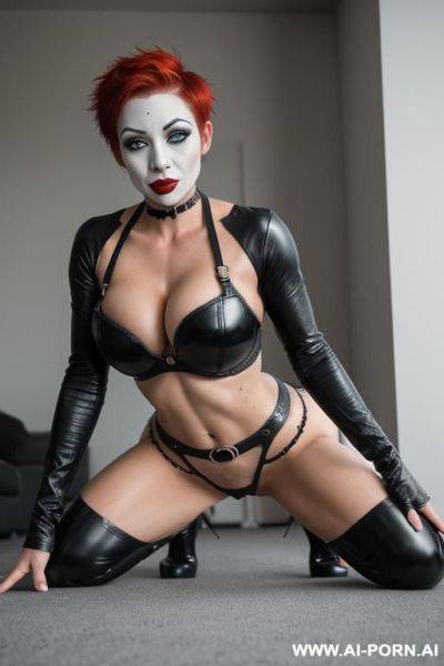 Fit woman wearing a lewd clown suit who has red hair (pixie cut), lewd skirt, piercings, black leather, play, big ass, ruined makeup, runny mascara, tears, buttplug, bdsm, on all fours presenting her ass, buttplug, buttplug - ai-porn.ai on pornsimulated.com