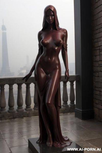 (((dark red rough stone of nude statue))), (((beautiful tits))), simple stone art, solid veil, faceless, totally nude, entirely naked, wide shoulders, extremely detailed and hairy pussy, (old city), smog and soot in background, - ai-porn.ai on pornsimulated.com