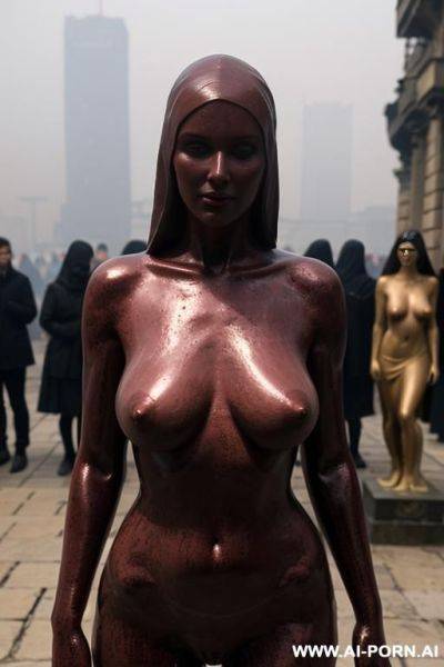 (((dark red rough stone of nude statue))), (((beautiful tits))), simple stone art, solid veil, faceless, totally nude, entirely naked, wide shoulders, extremely detailed and hairy vagina, (old city), pollution, smog and soot in background, - ai-porn.ai on pornsimulated.com