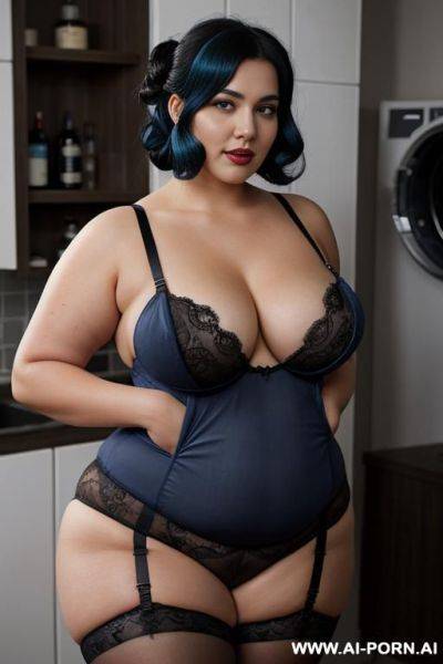 Half body photo shot, in the laundry room, washing their clothes, very chubby fat bbw, very thick and very fat, with lovehandless and big tummy, wearing a sexy and hot gray garter belt lingeries, she is the most beautiful mom - ai-porn.ai on pornsimulated.com