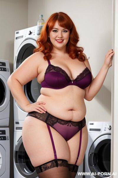 Half body photo shot, in the laundry room, washing their clothes, chubby fat bbw, very thick, with lovehandless and tummy, wearing a sexy and hot magenta lace stocking lingeries, she is the most mom - ai-porn.ai on pornsimulated.com