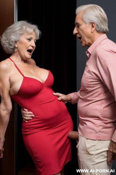 A granny in a tight dress is groped on the breast by a guy who approaches her from behind pushing his pelvis on her butt, her face is shocked but excited - ai-porn.ai on pornsimulated.com