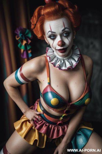 Fit woman wearing a lewd clown suit who has red hair (pixie cut), lewd skirt, piercings, black leather, play, big ass, ruined makeup, runny mascara, tears, buttplug, bdsm, on all fours presenting her ass, buttplug, buttplug - ai-porn.ai on pornsimulated.com