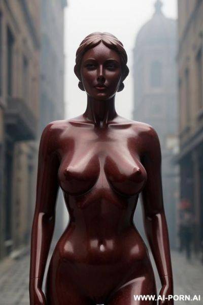 (((dark red rough stone of nude statue))), ((beautiful tits)), simple stone art, solid veil, faceless, totally nude, entirely naked, wide shoulders, extremely detailed and very pussy, (old city), smog and soot in background, - ai-porn.ai on pornsimulated.com