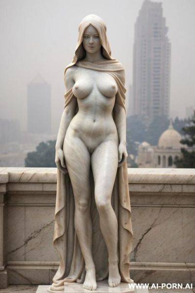 ((real marble of nude statue)), ((beautiful tits)), simple stone art, solid veil, faceless, totally nude, entirely naked, wide shoulders, extremely detailed and hairy pussy, (old city), smog and soot in background, - ai-porn.ai on pornsimulated.com