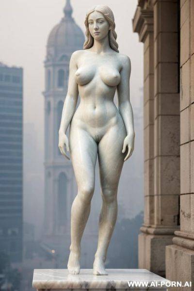 ((real marble of nude statue)), ((beautiful tits)), simple stone art, faceless, totally nude, entirely naked, wide shoulders, extremely detailed and pubic hairy pussy, (old city), smog and soot in background, - ai-porn.ai on pornsimulated.com