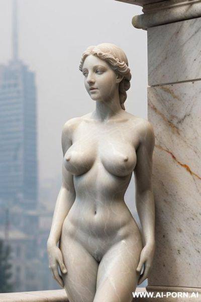 ((real marble of nude statue)), ((beautiful tits)), simple stone art, faceless, totally nude, entirely naked, wide shoulders, extremely detailed and hairy pussy, (old city), smog and soot in background, - ai-porn.ai on pornsimulated.com