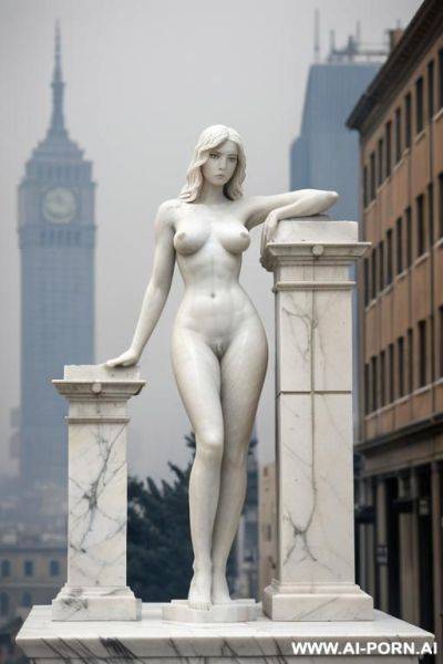 ((real marble of nude statue)), ((beautiful tits)), simple stone art, faceless, totally nude, entirely naked, wide shoulders, extremely detailed and trimmed pubic hairy pussy, (old city), smog and soot in background, - ai-porn.ai on pornsimulated.com