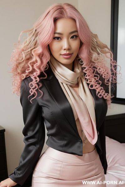 Half-korean and half-japanese, a supermodel and 15cm tall, ((wearing a tailored black-gray blazer, a cream colored faux silk blouse underneath the blazer, a short, taupe colored pencil skirt, and a - ai-porn.ai - Japan - North Korea on pornsimulated.com