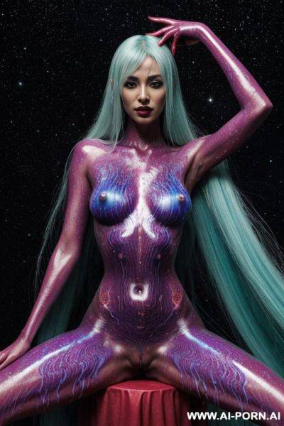 Fantasy, fantasy cosmic monster woman, fantasy cosmic creature, semi liquid cosmic woman, whole body made of colourful cosmic semi liquid, completely naked, dripping cosmic semi liquid from her whole - ai-porn.ai on pornsimulated.com