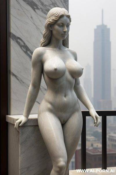 ((real marble of nude statue)), ((beautiful tits)), simple stone art, faceless, totally nude, entirely naked, wide shoulders, ((extremely detailed and pubic hair pussy)), ((cameltoe pussy)), (old city), smog and soot in background, - ai-porn.ai on pornsimulated.com