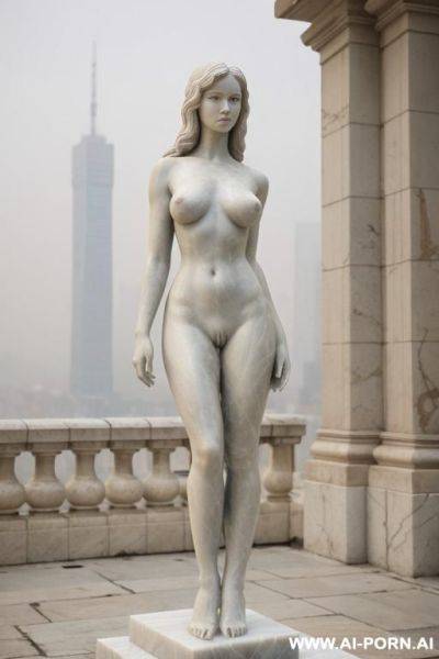 ((real marble of nude statue)), ((beautiful tits)), simple stone art, faceless, totally nude, entirely naked, wide shoulders, extremely detailed and trimmed pubic hair pussy, (old city), smog and soot in background, - ai-porn.ai on pornsimulated.com