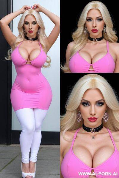 Long blonde wig, pink dress, porn star, slutty, pink lips, big lips, gigantic breasts, bimbo, transgender, plump full lips, high heels, hoop earrings, arched eyebrows, white skin, caucasian, long - ai-porn.ai - Britain on pornsimulated.com