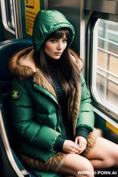 Brunette sitting in train, green puffer jacket with fur hood - ai-porn.ai on pornsimulated.com