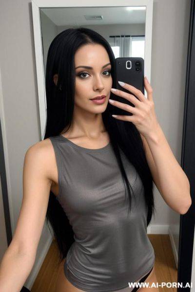 Woman black thong long gray t-shirt selfie photo in the mirror - ai-porn.ai on pornsimulated.com